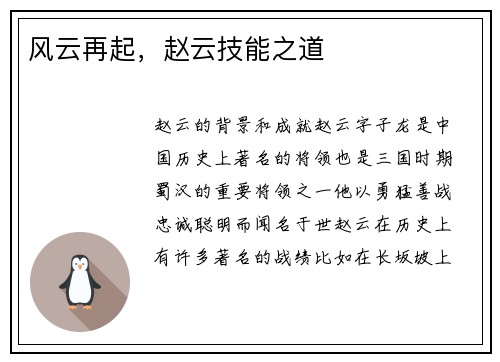 风云再起，赵云技能之道